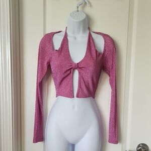 Princess Polly Glitter Pink Long Sleeve Halter Top
